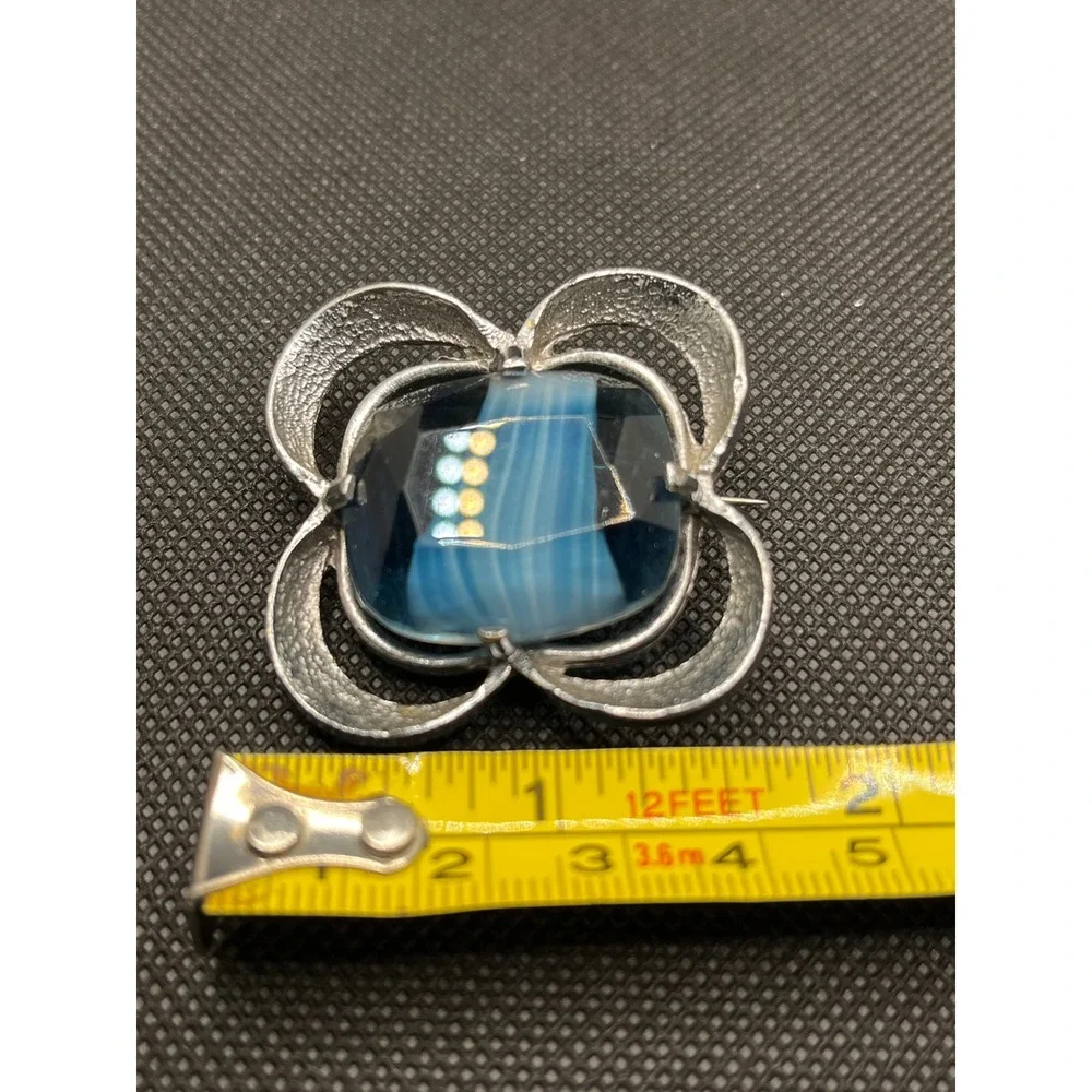 Vintage Silver Tone Blue Striped Art Glass Brooch Textured Openwork Pin